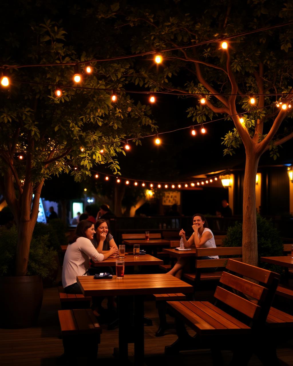 Outdoor seating with string lights